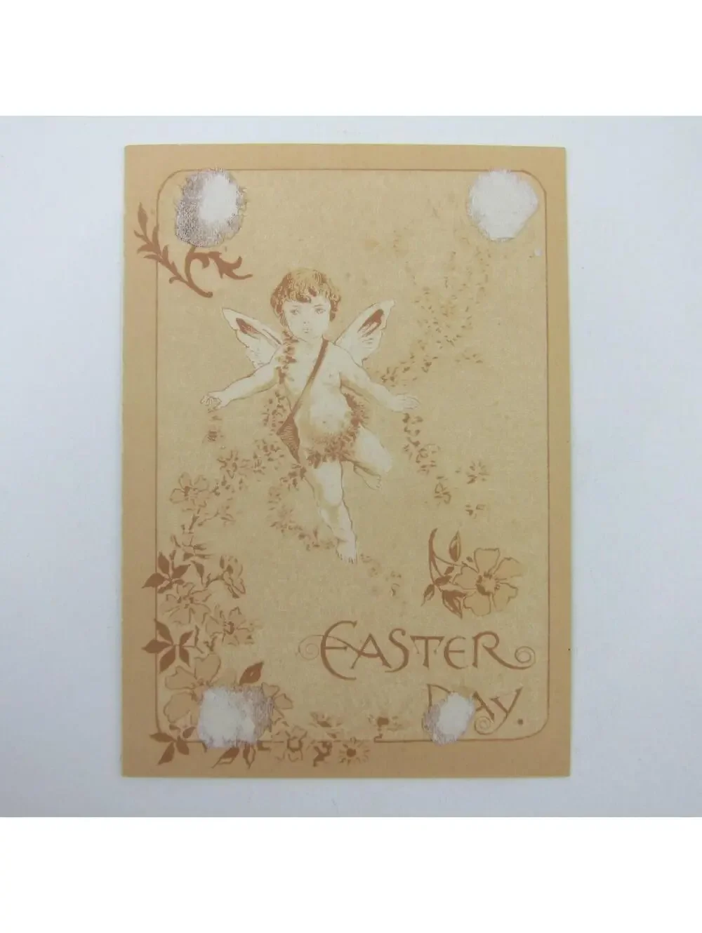 Victorian Greeting Card Easter Green Pink & White Flowers Cherub Angel Antique
